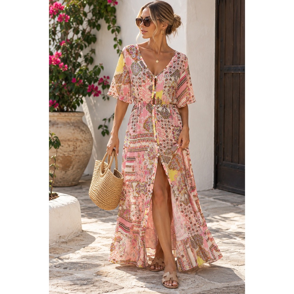 NWT Elan Pink Paisley Floral Maxi Dress Cover Up Medium Boho Button Front